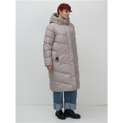 Пальто зимнее утепленное с капюшоном женское серого цвета 7623Sr