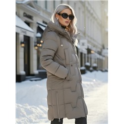 Пальто зимнее утепленное с капюшоном женское серого цвета 7638Sr