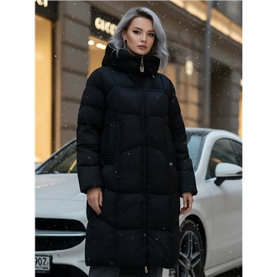 Пальто зимнее утепленное с капюшоном женское черного цвета 7702Ch