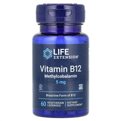 Life Extension, витамин B12, метилкобаламин, 5 мг, 60 вегетарианских пастилок