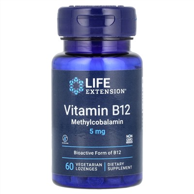Life Extension, витамин B12, метилкобаламин, 5 мг, 60 вегетарианских пастилок