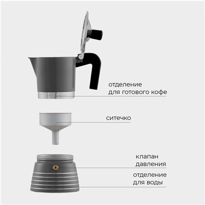 Кофеварка гейзерная Magistro Moka, на 3 чашки, 150 мл, алюминий, серая