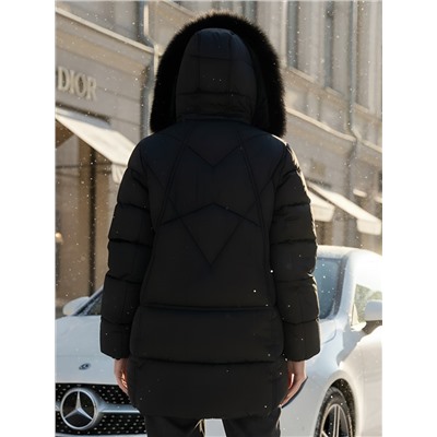 Куртка зимняя женская с мехом и капюшоном тренд черного цвета 7656Ch