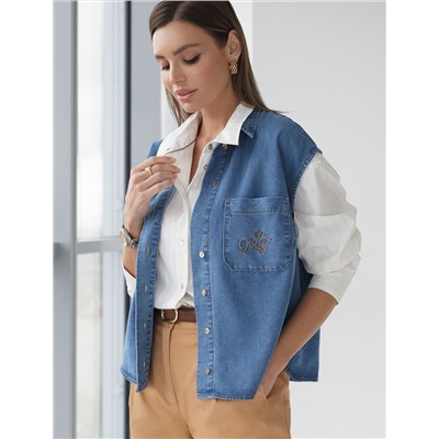 Укороченная блузка с коротким рукавом из джинсового лиоцелла