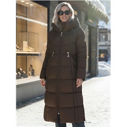 Пальто зимнее утепленное с капюшоном женское коричневого цвета 7729K