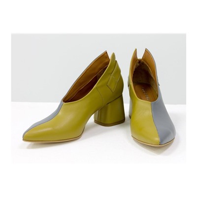 Дизайнерские туфли перчатки (glove shoes) с ремешком, на невысоком обтяжном каблуке, выполнены из натуральной итальянской кожи горчичного и серого цвета, Новая Коллекция от Gino Figini, Т-2056-04