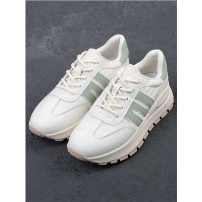 03-WG040-1M MILK/GREEN Кроссовки демисезонные женские (натуральная кожа)