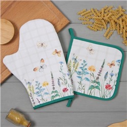 Кухонный набор «Этель. Полевые цветы»: варежка-прихватка 20×28 см, прихватка 19×19 см, 100% хлопок