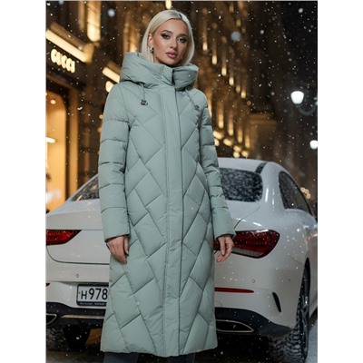 Пальто утепленное стеганное зимнее с капюшоном женское зеленого цвета 9612Z
