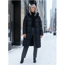 Пальто зимнее утепленное с капюшоном женское черного цвета 7741Ch