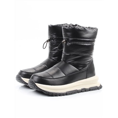 02-WA010-1M BLACK Сапоги "Дутики" зимние женские (натуральная кожа, курточная ткань, 100% шерсть)