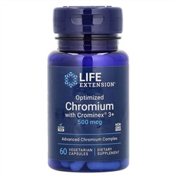 Life Extension, оптимизированный хром с Crominex 3+, 500 мкг, 60 вегетарианских капсул