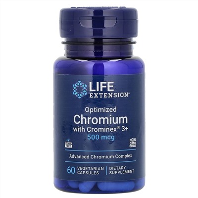 Life Extension, оптимизированный хром с Crominex 3+, 500 мкг, 60 вегетарианских капсул
