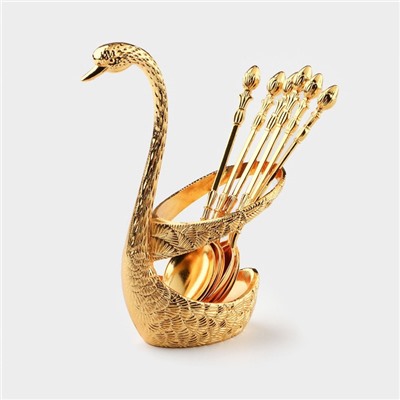 Набор ложек Magistro «Золотой лебедь», 7.5×5×15.3 см, 7 предметов, на подставке, металл, цвет золотой