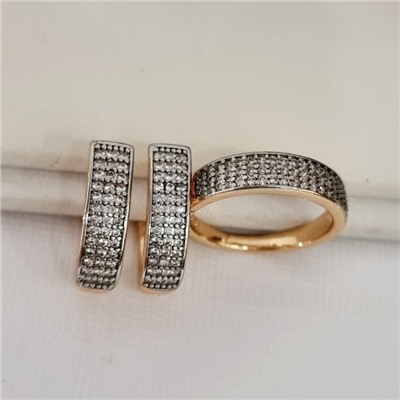 Комплект ювелирной бижутерии коллекция "Дубай" серьги и кольцо 16 р, покрытие позолота, вставка: цирконы, цвет: прозрачный, арт.414.651-16