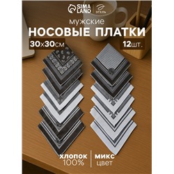 Платки носовые мужские «Этель», 30×30 см, набор 12 шт., хлопок 100%, рисунок МИКС, чёрные
