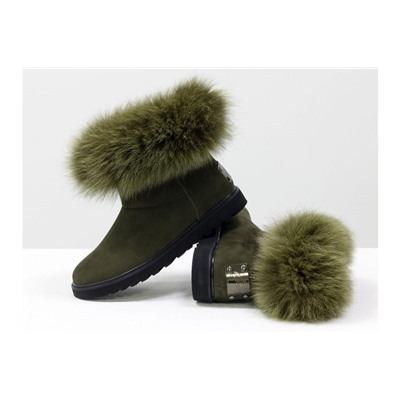 Женские ботиночки в стиле UGG из натуральной матовой кожи темно-зеленого цвета и натурального шикарного меха песца болотного цвета, коллекция Зима, Б-17113-09