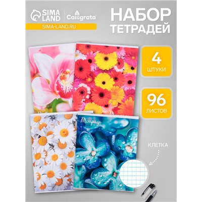 Набор тетрадей, 96 листов в клетку Calligrata "Цветы-1", серые листы, 4 штуки