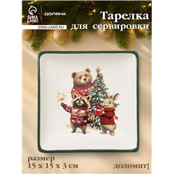 Тарелка сервировочная новогодняя Доляна «Сказки зимнего леса», 15×15×3 см, доломит, белая