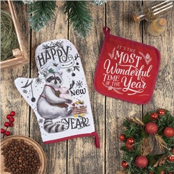 Набор новогодний новогодний кухонный Happy new year: варежка-прихватка 20×28 см, прихватка 17×17 см