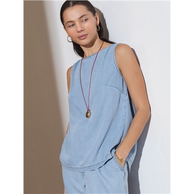 Топ с вырезом лодочка и асимметричным разрезом на спине из джинсового лиоцелла