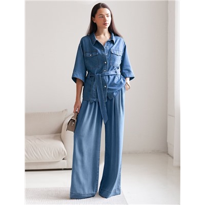 Удлиненная блузка с поясом и карманами из джинсового лиоцелла