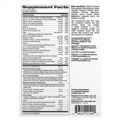 California Gold Nutrition, Ultamins, мультивитаминный комплекс для женщин старше 50 лет с коэнзимом Q10, грибами, ферментами, овощами и ягодами, 60 растительных капсул