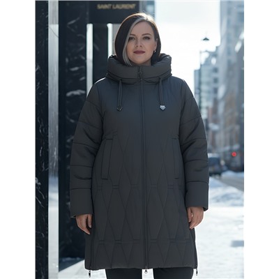 Пальто зимнее утепленное женское большого размера темно-серого цвета 7699TC