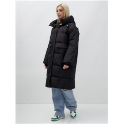 Куртка летучая мышь женская с капюшоном зимняя черного цвета 9621Ch