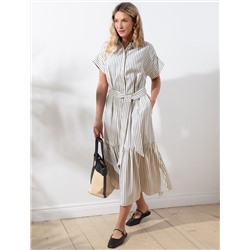 Платье в полоску А-силуэта с поясом из легкого хлопкового поплина