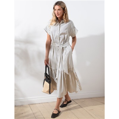Платье в полоску А-силуэта с поясом из легкого хлопкового поплина