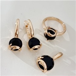 Комплект ювелирной бижутерии коллекция "Дубай" с камнем серьги, кулон и кольцо 19 р, покрытие позолота, вставка: фианиты, цвет: черный, арт.414.544-19