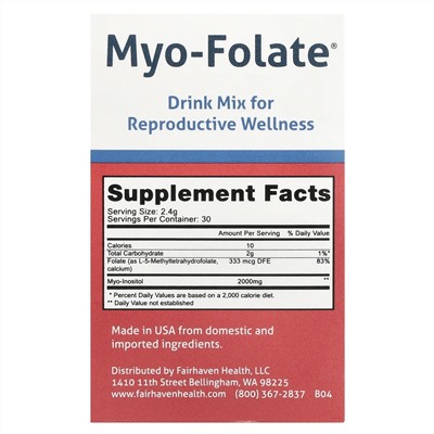 Fairhaven Health, мио-фолат, смесь для приготовления напитка для здоровья репродуктивной системы, без ароматизаторов, 30 пакетиков по 2,4 г