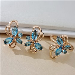 Комплект ювелирной бижутерии коллекция "Дубай" в форме цветов серьги и кольцо 20 р, покрытие позолота, вставка: фианиты, цвет: голубой, арт.414.625-20