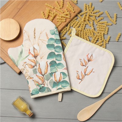 Кухонный набор «Этель. Хлопок»: варежка-прихватка 20×28 см, прихватка 19×19 см, 100% хлопок