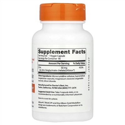 Doctor's Best, легкоусвояемый бисглицинат цинка, на 100% в хелатной форме, 50 мг, 90 вегетарианских капсул