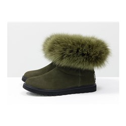 Женские ботиночки в стиле UGG из натуральной матовой кожи темно-зеленого цвета и натурального шикарного меха песца болотного цвета, коллекция Зима, Б-17113-09