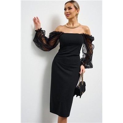 Платье-футляр чёрное трикотажное с рукавами из сетки
