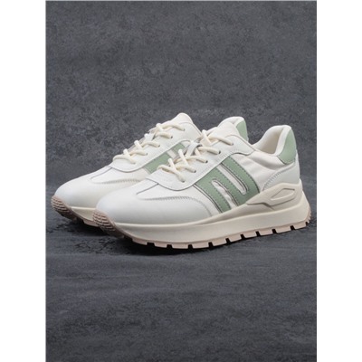 03-WG040-1M MILK/GREEN Кроссовки демисезонные женские (натуральная кожа)