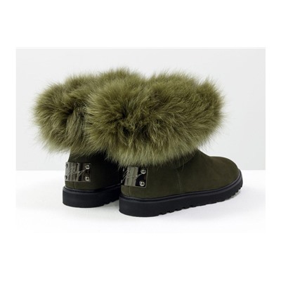 Женские ботиночки в стиле UGG из натуральной матовой кожи темно-зеленого цвета и натурального шикарного меха песца болотного цвета, коллекция Зима, Б-17113-09