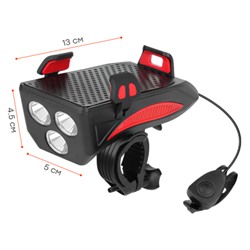 Фонарь передний COMIRON "HOLDER" ABS, IPX5; 3*T6 LED 400lm 4800mAh USB индикатор заряда POWER BANK сигнал 130Дб крепление смартфона красный /уп 20/80/