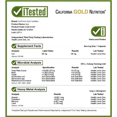California Gold Nutrition, Ferrochel, железо (бисглицинат), 36 мг, 90 растительных капсул