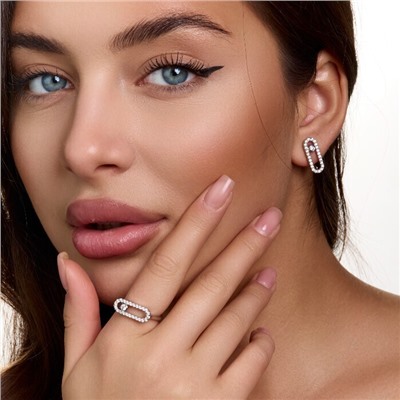 Комплект ювелирной бижутерии коллекция "Дубай" серьги и кольцо 17 р, покрытие посеребрение, вставка: цирконы, цвет: прозрачный, арт.414.664-17