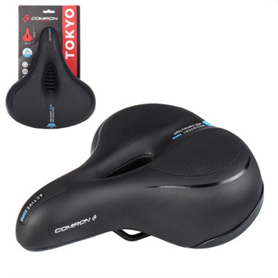 Седло велосипедное комфортное COMIRON TOKYO C012 265x220, Технологии: ED, MEMORY FOAM, Верх: PU с пресс. принтом, Цвет: Чёрный+Синий/ АКЦИЯ /уп 20/