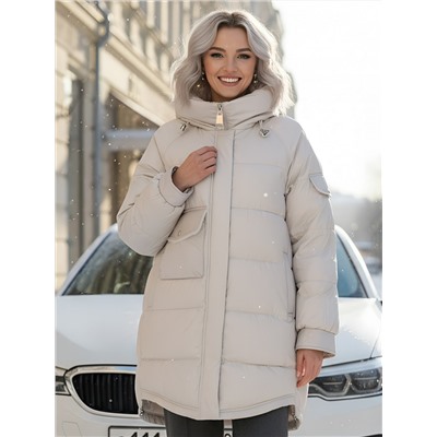 Куртка зимняя женская с капюшоном модная бежевого цвета 7341B