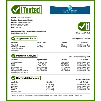 Lake Avenue Nutrition, метилфолат, 800 мкг, 120 растительных капсул