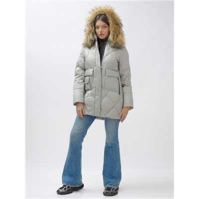 Куртка женская зимняя с мехом енот премиум класса серого цвета 3141Sr