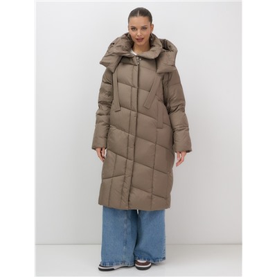 Пальто зимнее утепленное с капюшоном женское светло-коричневого цвета 7748SK