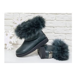 Женские ботиночки в стиле UGG из натуральной кожи флотар темно-зеленого цвета и натурального шикарного меха песца, коллекция Зима , Б-17113-06
