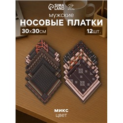 Платки носовые мужские «Этель», 30×30 см, набор 12 шт., 100% хлопок, светло-коричневые, рисунок МИКС